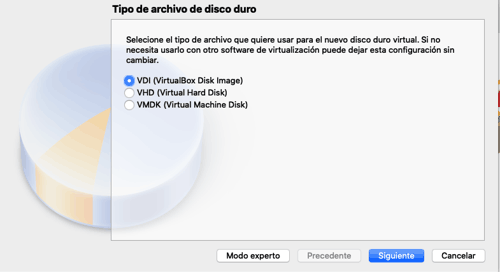 Selecciona la opción VDI (VirtualBox Disk Image)